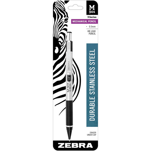 Zebra Pen Mechanical Pencil, Lead/Eraser Refillable, .5mm, 1/CD, Silver/Black