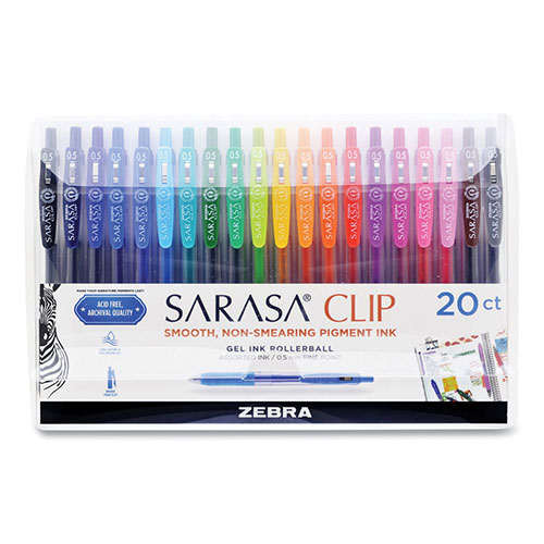 Zebra Pen Sarasa Clip Gel Retractable, Fine 0.5 mm, Assorted Ink/Barrel, 20/Set