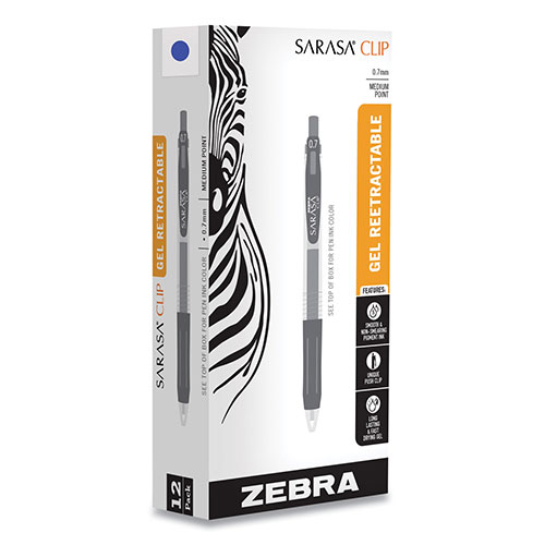 Zebra Pen Sarasa Clip Gel Retractable, Medium 0.7 mm, Blue Ink, Clear Barrel, Dozen