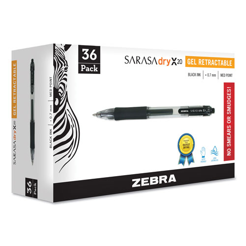 Zebra Pen Sarasa Dry Gel X20 Retractable Gel Pen, Medium 0.7mm, Black Ink, Smoke Barrel, 36/Pack