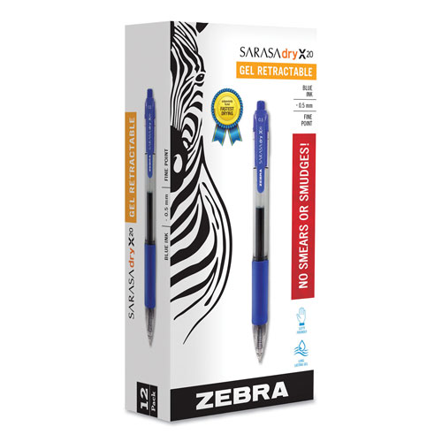 Zebra Pen Sarasa Dry Gel X20 Retractable Gel Pen, Fine 0.5mm, Blue Ink, Translucent Blue Barrel, Dozen