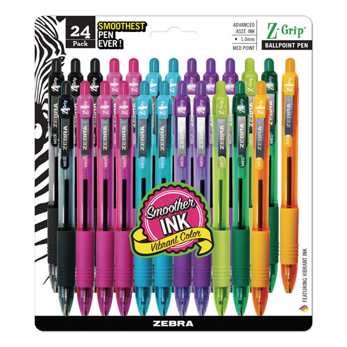 Zebra Pen Z-Grip Retractable Ballpoint Pen, 1mm, Assorted Ink, Clear Barrel, 24/Pack