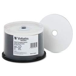 Verbatim DVD-R 4.7GB 8X DataLifePlus White Inkjet Printable/Hub Printable, 50/PK Spindle