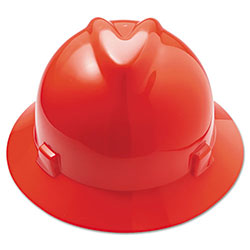 MSA V-Gard Full-Brim Hard Hats, Ratchet Suspension, Size 6 1/2 - 8, Red