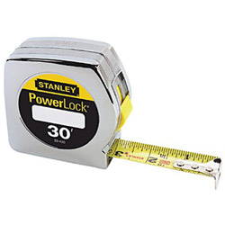 Stanley Bostitch Powerlock Tape Rule, 1 in x 30ft, Plastic Case, Chrome, 1/16 in Graduation