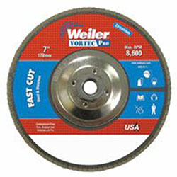Weiler Vortec Pro Abrasive Flap Discs, 7in, 36 Grit, 5/8 Arbor, 8,600 rpm, Phenolic