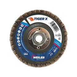Weiler Tiger® X Flap Disc, 4-1/2 in Angled, 40 Grit, 5/8 in to 11 Arbor