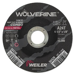 Weiler Wolverine® Combo Wheel, 4 1/2 in Dia, 1/8 in Thick, 7/8 in Arbor, 24 Grit, R