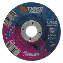 Weiler Tiger Ceramic Grinding Wheels, 4.5 in Dia, 1/4 in Thick, 7/8 in Arbor,10/bx