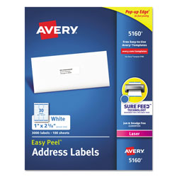 Avery Easy Peel White Address Labels w/ Sure Feed Technology, Laser Printers, 1 x 2.63, White, 30/Sheet, 100 Sheets/Box (AVE5160)