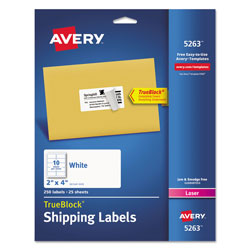Avery Shipping Labels w/ TrueBlock Technology, Laser Printers, 2 x 4, White, 10/Sheet, 25 Sheets/Pack (AVE5263)