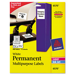 Avery Permanent ID Labels w/ Sure Feed Technology, Inkjet/Laser Printers, 1.25 x 1.75, White, 32/Sheet, 15 Sheets/Pack (AVE6570)
