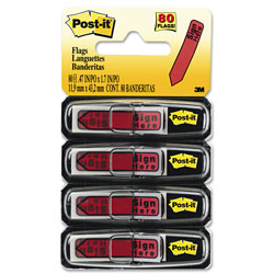 Post-it® Arrow Message 1/2" Page Flags in Dispenser, "Sign Here", Red, 80/Pack