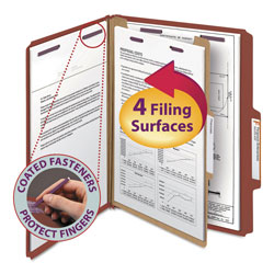 Smead Pressboard Classification Folders with SafeSHIELD Coated Fasteners, 2/5 Cut, 1 Divider, Letter Size, Red, 10/Box (SMD13775)