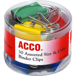 Acco Binder Clip Assortment, 30 Pieces, 3 Sizes: 1/2", 3/4", 1 1/2", Asst. Colors