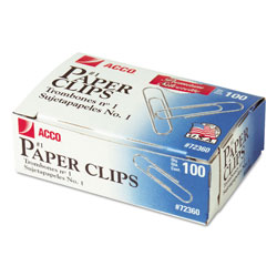 Acco Paper Clips, Medium (No. 1), Silver, 100/Box, 10 Boxes/Pack