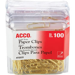 Acco Regular Paper Clips, No. 2, 100 Clips, 4BX/PK, Gold