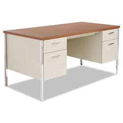 Alera Double Pedestal Steel Desk, Metal Desk, 60w x 30d x 29.5h, Cherry/Putty (ALESD6030PC)