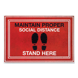 Apache Mills® Message Floor Mats, 24 x 36, Red/Black,  inMaintain Social Distance Stand Here in