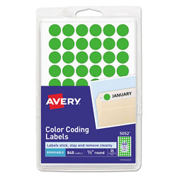 Avery Handwrite Only Self-Adhesive Removable Round Color-Coding Labels, 0.5 in dia., Neon Green, 60/Sheet, 14 Sheets/Pack