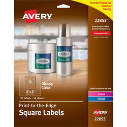 Avery Square Labels, 12/sheet, Laser/Inkjet, 2 in x 2 in, 120/PK, Glossy Clear