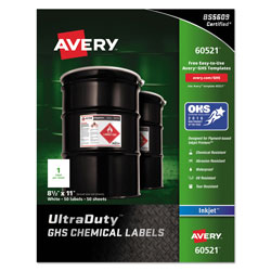 Avery UltraDuty GHS Chemical Waterproof and UV Resistant Labels, 8.5 x 11, White, 50/Pack