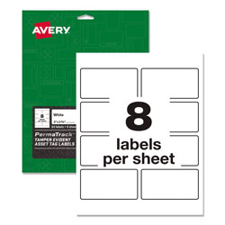 Avery PermaTrack Tamper-Evident Asset Tag Labels, Laser Printers, 2 x 3.75, White, 8/Sheet, 8 Sheets/Pack