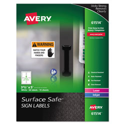 Avery Surface Safe Removable Label Safety Signs, Inkjet/Laser Printers, 3.5 x 5, White, 4/Sheet, 15 Sheets/Pack