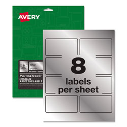 Avery PermaTrack Metallic Asset Tag Labels, Laser Printers, 2 x 3.75, Silver, 8/Sheet, 8 Sheets/Pack
