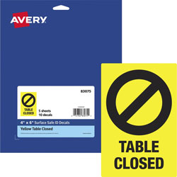 Avery Decal, inTable Closed in ,F/Tables,4 inX6 in ,10/Pk,Yellow