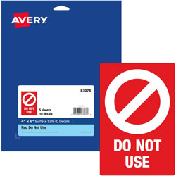 Avery Decal, inDo Not Use in ,F/Table/Chair,4 inX6 in ,10/Pk,Red