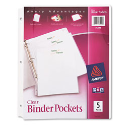 Avery Binder Pockets, 3-Hole Punched, 9 1/4 x 11, Clear, 5/Pack (AVE75243)