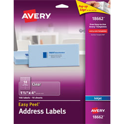 Avery Easy Peel Mailing Labels for Inkjet Printers, 1 1/3 inx4 in, Clear, 140 per Pack