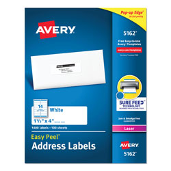 Avery Easy Peel White Address Labels w/ Sure Feed Technology, Laser Printers, 1.33 x 4, White, 14/Sheet, 100 Sheets/Box (AVE5162)