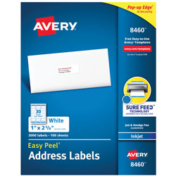 Avery Easy Peel White Address Labels w/ Sure Feed Technology, Inkjet Printers, 1 x 2.63, White, 30/Sheet, 100 Sheets/Box