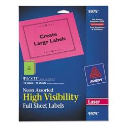 Avery High-Visibility Permanent Laser ID Labels, 8.5 x 11, Asst. Neon, 15/Pack (AVE5975)