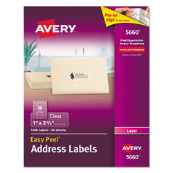 Avery Matte Clear Easy Peel Mailing Labels w/ Sure Feed Technology, Laser Printers, 1 x 2.63, Clear, 30/Sheet, 50 Sheets/Box (AVE05660)