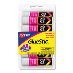 Avery Permanent Glue Stic Value Pack, 0.26 oz, Applies White, Dries Clear, 18/Pack