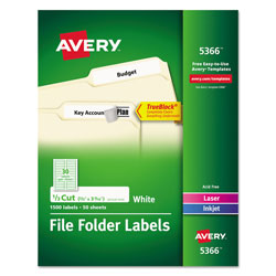 Avery Permanent TrueBlock File Folder Labels with Sure Feed Technology, 0.66 x 3.44, White, 30/Sheet, 50 Sheets/Box (AVE05366)