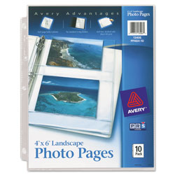 Avery Photo Storage Pages for Four 4 x 6 Horizontal Photos, 3-Hole Punched, 10/Pack (AVE13406)