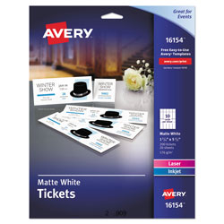 Avery Printable Tickets w/Tear-Away Stubs, 97 Bright, 65lb, 8.5 x 11, White, 10 Tickets/Sheet, 20 Sheets/Pack (AVE16154)