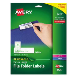 Avery Removable File Folder Labels with Sure Feed Technology, 0.94 x 3.44, White, 18/Sheet, 25 Sheets/Pack (AVE8425)