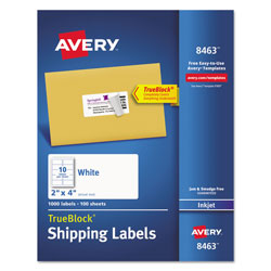 Avery Shipping Labels w/ TrueBlock Technology, Inkjet Printers, 2 x 4, White, 10/Sheet, 100 Sheets/Box (AVE8463)