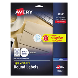 Avery Vibrant Inkjet Color-Print Labels w/ Sure Feed, 1 1/2" dia, White, 400/PK (AVE8293)