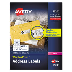 Avery WeatherProof Durable Mailing Labels w/ TrueBlock Technology, Laser Printers, 1 x 2.63, White, 30/Sheet, 50 Sheets/Pack (AVE05520)
