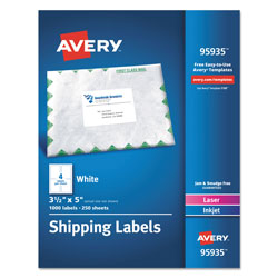 Avery White Shipping Labels-Bulk Packs, Inkjet/Laser Printers, 3.5 x 5, White, 4/Sheet, 250 Sheets/Box