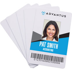 Advantus ID Cards, Laminated PVC, 2-/18 in x 3-3/8 in, 100/PK, White
