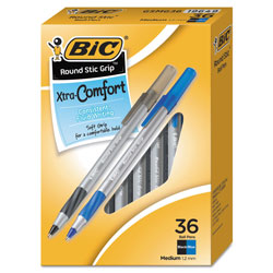 Bic Round Stic Grip Xtra Comfort Stick Ballpoint Pen, 1.2mm, Assorted Ink/Barrel, 36/Pack