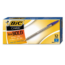 Bic Cristal Xtra Bold Stick Ballpoint Pen, Bold 1.6mm, Blue Ink, Clear Barrel, Dozen