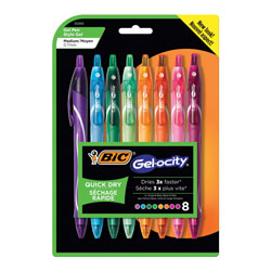 Bic Gel-ocity Quick Dry Retractable Gel Pen, 0.7mm, Assorted Ink/Barrel, 8/Pack